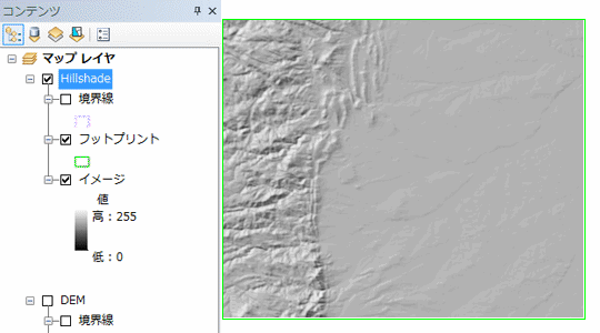 陰影起伏 (Hillshade) の結果