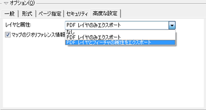 [エクスポート] ダイアログ ボックスの [高度な設定] タブの [PDF レイヤとフィーチャの属性をエクスポート] オプション