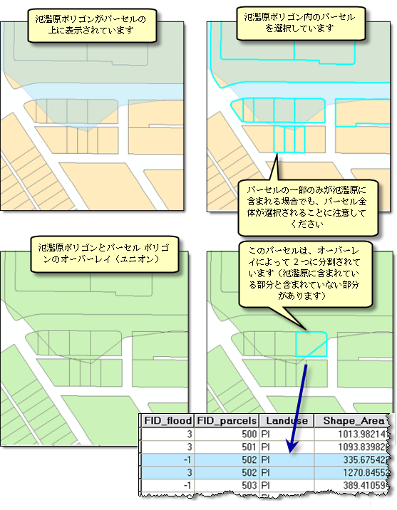 洪水危険区域と土地区画のオーバーレイ