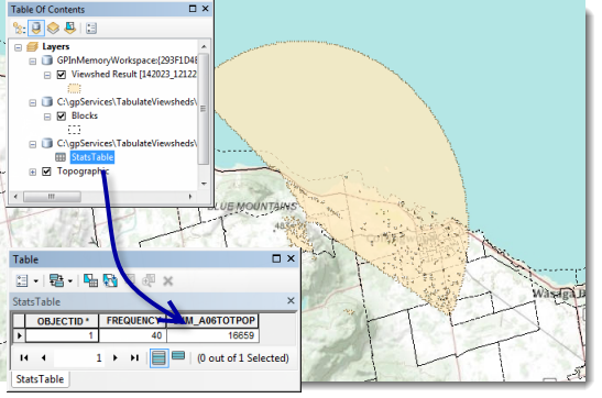 Esri SampleServer1 からの結果出力の可視領域と算出された人口