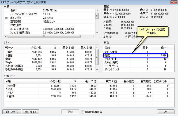LAS ファイルのプロパティと統計情報
