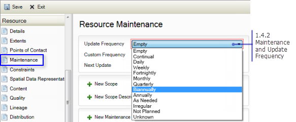 Resource Maintenance page: Maintenance and Update Frequency