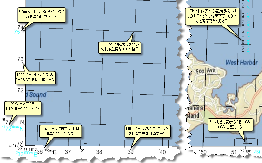 Topo_50K_WGS84_UTMZoneClipping 格子線定義ファイルを使用して作成された、格子線と経緯線のコンポーネント