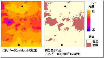 [コリドー (Corridor)] ツールは、2 つのコスト距離マップを結合し、コストを最小限に抑えるルートを検索します。