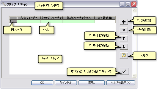 [クリップ (Clip)] ツールのバッチ ダイアログ ボックスとバッチ グリッド