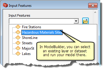 ModelBuilder 内でのフィーチャ セット変数のフィーチャ レイヤーの選択