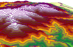 地形サーフェス モデル上で重ね合わせたコンター
