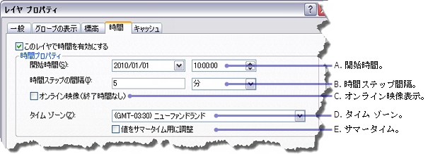 [レイヤー プロパティ] ダイアログ ボックスの [時間] タブを使用した、ArcGlobe のビデオ レイヤーの時間プロパティ