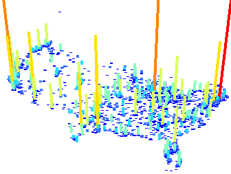 ArcScene で人口を使用して立ち上げた都市のポイント