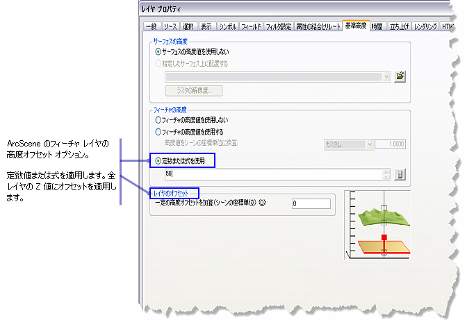 Z 値 (標高値) と高度オフセットを定義する際の ArcScene の [ベース (標高)] タブ