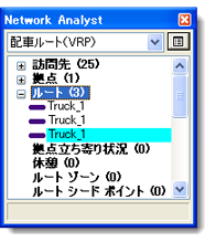 [Network Analyst] ウィンドウにある 3 本のルート オブジェクト