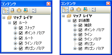 ArcMap [コンテンツ] ウィンドウに表示されたルート解析レイヤーと到達圏解析レイヤー