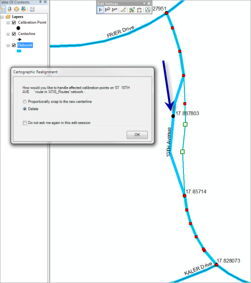 Editing choices for calibration points affected by cartographic realignment