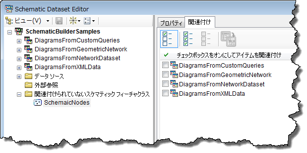 関連付けられていないスケマティック フィーチャクラスに関連する [関連付け] タブ