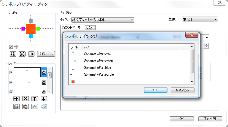 4 つの SchematicPort タグのある合成シンボル