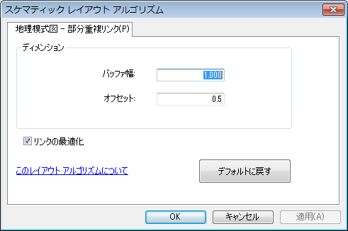 [地理模式図 - 部分重複リンク] のプロパティ タブを示した [スケマティック レイアウト アルゴリズム] ダイアログ ボックス