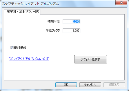 [階層図 - 放射状ツリー] のプロパティ タブを示した [スケマティック レイアウト アルゴリズム] ダイアログ ボックス