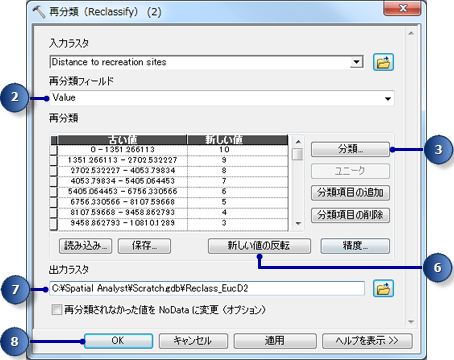 レクリエーション施設までの距離を再分類するパラメーター