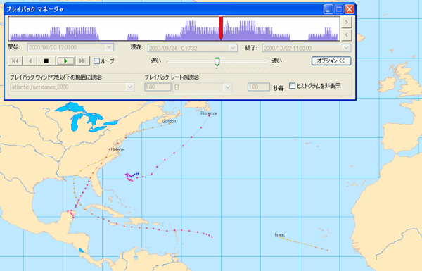 マップ上でのハリケーン データの再生