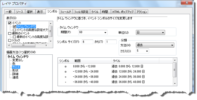 サイズを基準としたタイム ウィンドウの設定