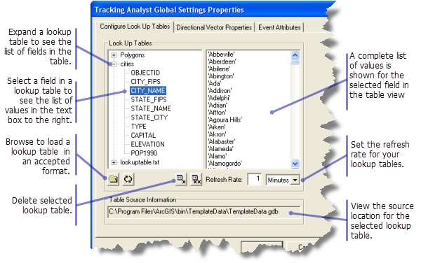 [Tracking Analyst グローバル設定のプロパティ] ダイアログ ボックスの [ルック アップ テーブルの設定] タブ