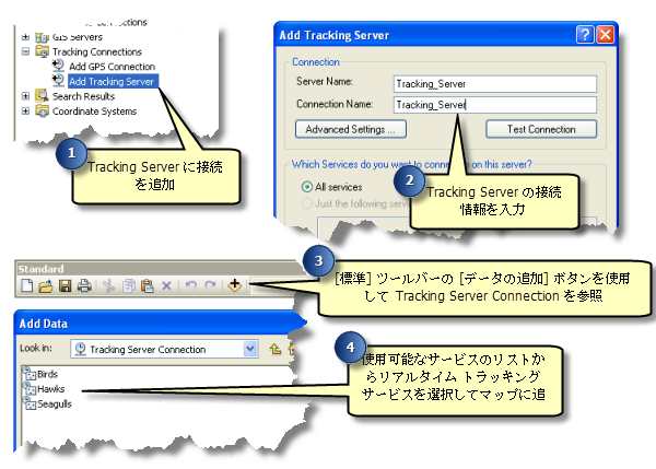 Tracking Analyst には、Esri Tracking Serverからリアルタイム データを効率的に追加するプロセスが用意されています