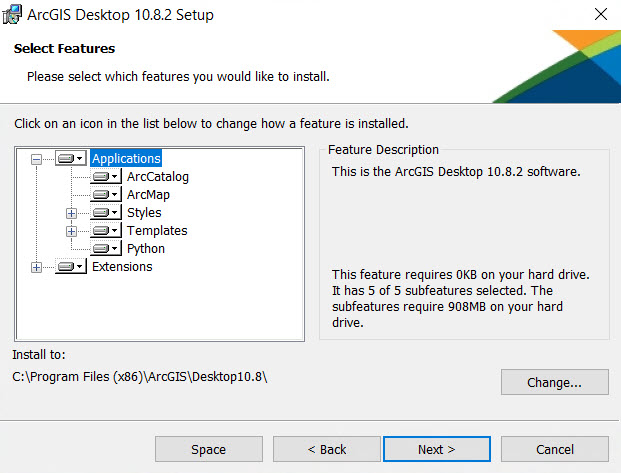 ArcGIS Desktop とともにインストールする機能を選択します。