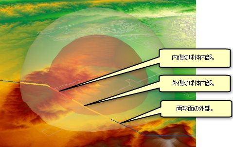 フライト パスが、AA 機関砲の脅威のドームを基にインターセクトされ、ライン群に分割されています フライト パスが、AA 機関砲の脅威のドームを基にインターセクトされ、ライン群に分割されています