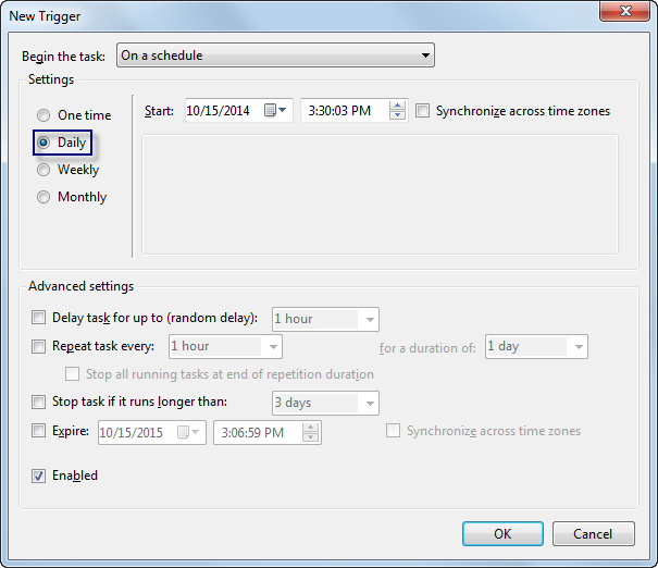 New Trigger dialog box with Daily selected New Trigger dialog box with Daily selected