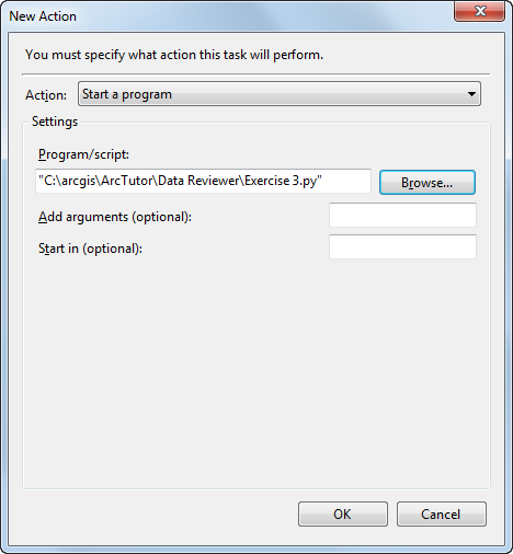New Action dialog box with the path to the script New Action dialog box with the path to the script