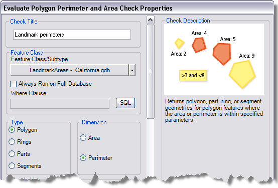 Evaluate Polygon Perimeter and Area Check Properties dialog box Evaluate Polygon Perimeter and Area Check Properties dialog box
