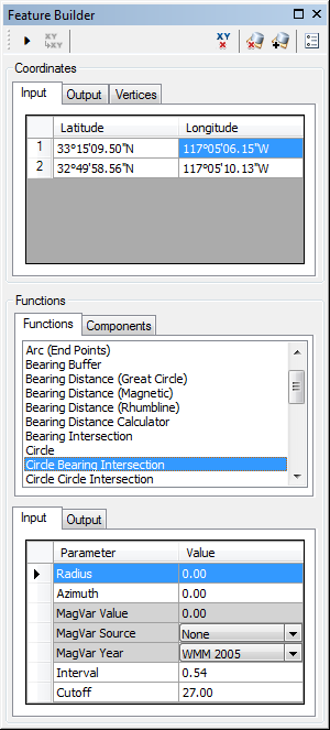 Feature Builder window with the Circle Bearing Intersection function selected Feature Builder window with the Circle Bearing Intersection function selected