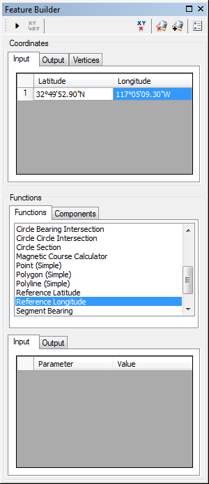 Feature Builder window with the Reference Longitude function selected Feature Builder window with the Reference Longitude function selected