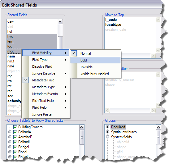 Edit Shared Fields dialog box with multiple fields selected and set to Bold Edit Shared Fields dialog box with multiple fields selected and set to Bold