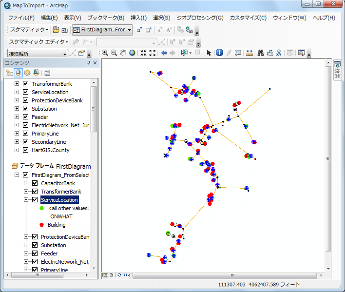 関連する GIS フィーチャから取得した属性に従って描画された ServiceLocation スケマティック フィーチャ 関連する GIS フィーチャから取得した属性に従って描画された ServiceLocation スケマティック フィーチャ
