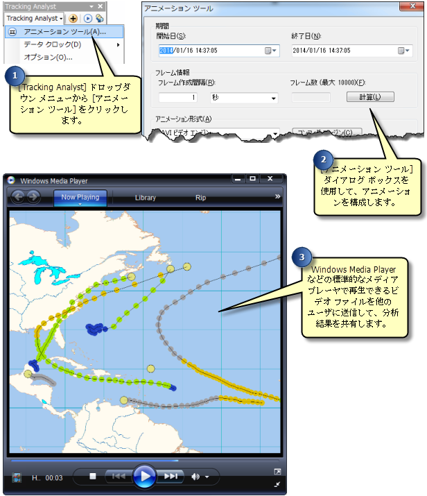 アニメーション ツールでは、ビデオ ファイルを作成することで、分析結果を他のユーザーと迅速に共有できます アニメーション ツールでは、ビデオ ファイルを作成することで、分析結果を他のユーザーと迅速に共有できます