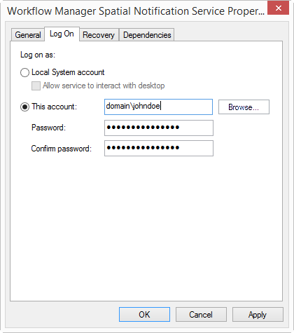 Specify Windows user to run the service. Specify Windows user to run the service.