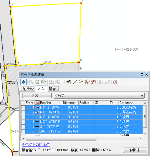 [パーセルの詳細] ダイアログ ボックスの [Lines] グリッド