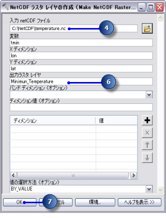 [NetCDF ラスター レイヤーの作成 (Make NetCDF Raster Layer)] ツールのパラメーター値