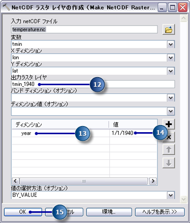 [NetCDF ラスター レイヤーの作成 (2) (Make NetCDF Raster Layer)] ツールのパラメーター値