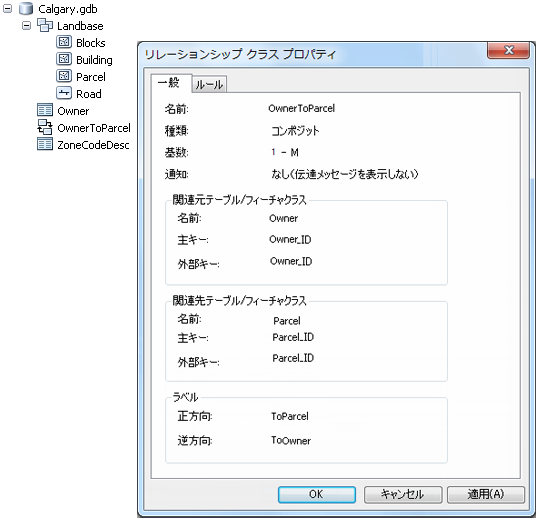 [リレーションシップ クラス プロパティ] ダイアログ ボックス