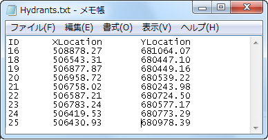 メモ帳に表示された X、Y 座標のテキスト ファイル