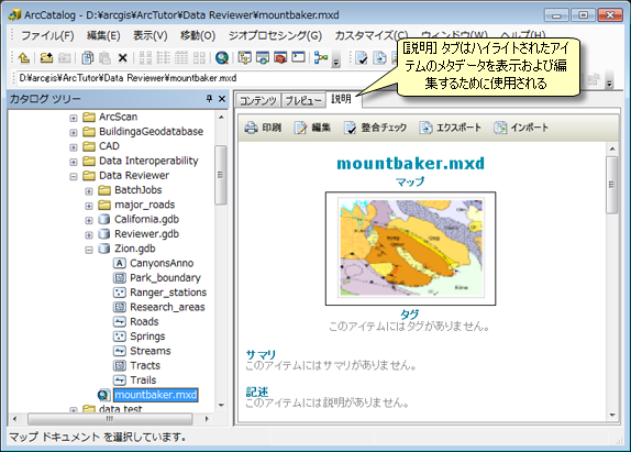 ArcCatalog のメタデータ表示に使用されるアイテム説明タブ