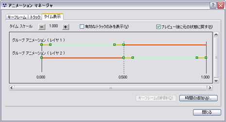 グループ レイヤー アニメーションの [タイム表示] タブの表示