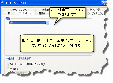 [データ フレーム プロパティ] ダイアログ ボックスの [データ フレーム] タブにおける範囲の設定
