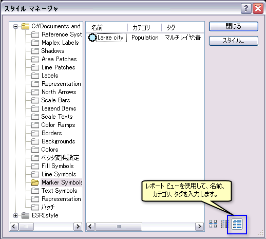 [スタイル マネージャー] の [レポート ビュー] を使用して、シンボル名、カテゴリおよびタグを指定します。
