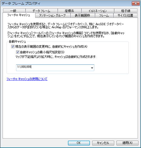 [データ フレーム プロパティ] ダイアログ ボックスを使用した自動キャッシュの設定