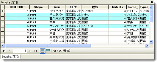 テーブルでの選択フィーチャの表示