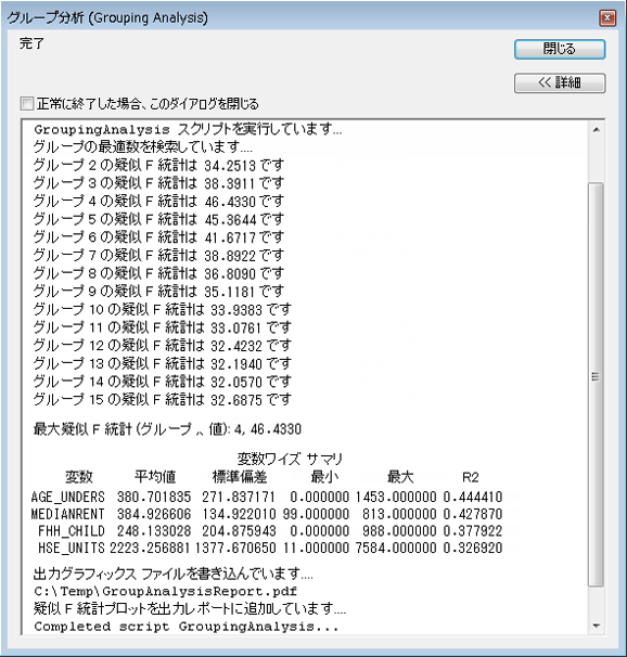 [グループ分析 (Grouping Analysis)] の進行状況ウィンドウ