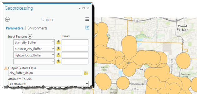 Combining the light rail stop buffer layer and the shop and restaurant buffer layer